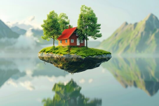 Surreal island and house floating in the air