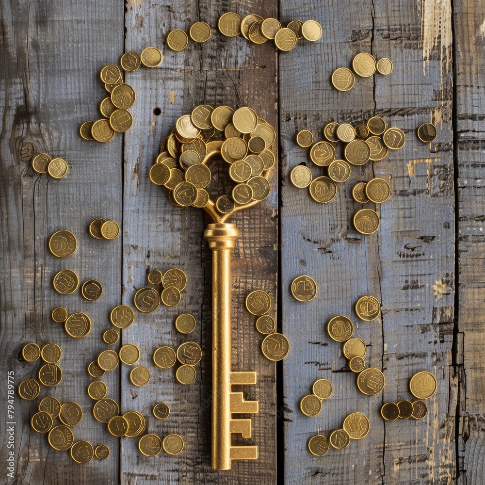 Wall mural A key is surrounded by many gold coins on a wooden surface