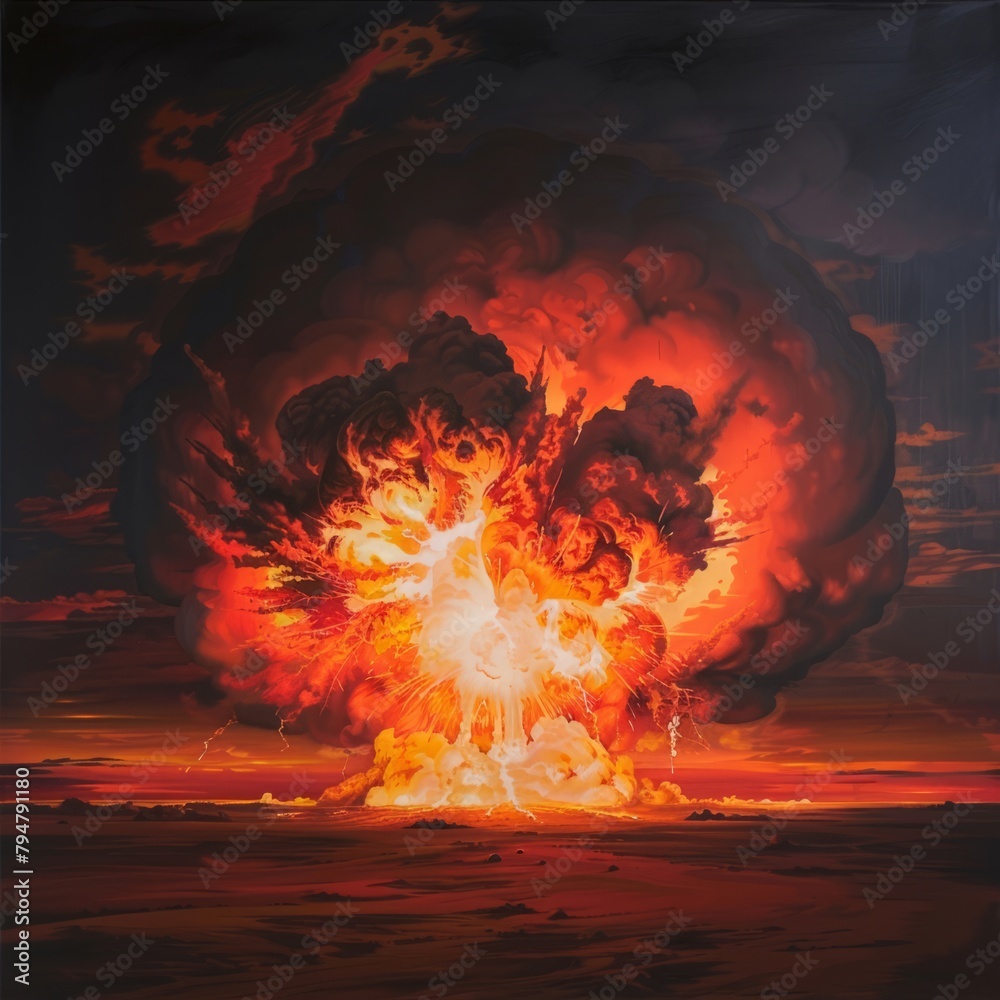 Sticker A painting of a large explosion with a bright orange and yellow flame