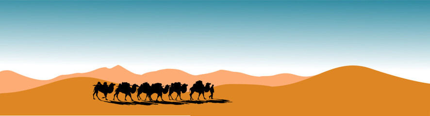Vektor Silhouette - Wüste mit Karawane - Führer und Kamele - Wüstenlandschaft mit Sand und Dünen