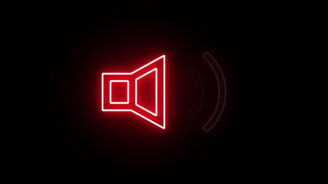 Glowing neon red sound icon audio music speaker animation on black background. Volume with sound wave animated sign. Sound on icon speaker.