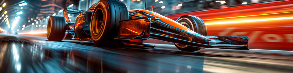 Fototapeta premium formula one racing car driving on race track. Motion blur at long exposure
