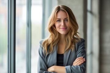 business woman looking confident and smiling in blur office