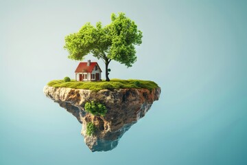Surreal island and house floating in the air