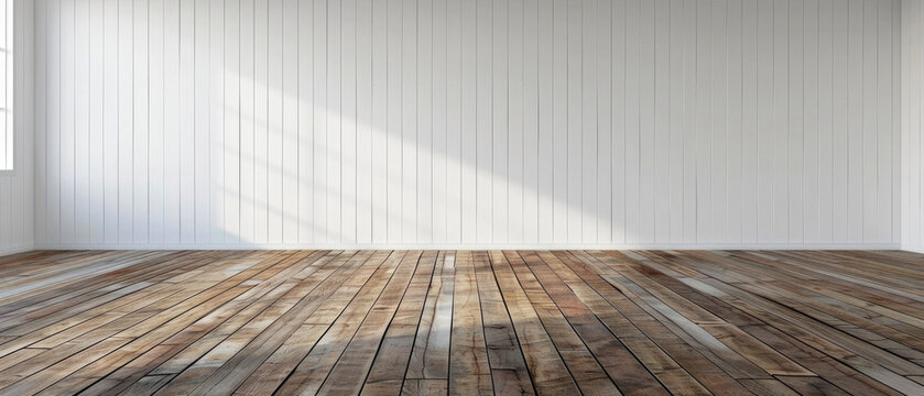 empty vintage interior room with white wooden walls and brown wooden plank floor with subtle sunlight coming in through the window 