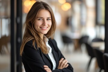 Naklejka premium business woman looking confident and smiling in blur office