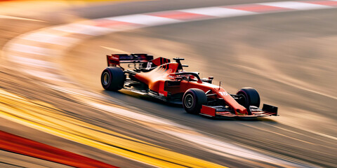 Obraz premium Formula One race. Red fast racing car speed driving on track. Motion blur