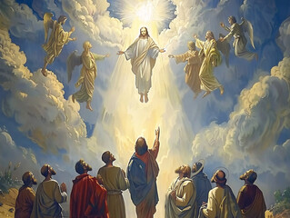 Jesus ascends to heaven, surrounded by angels, with a radiant halo, blessing his followers below.