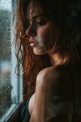 A woman quietly crying near a window, with rain outside reflecting her mood, symbolizing isolation and sorrow