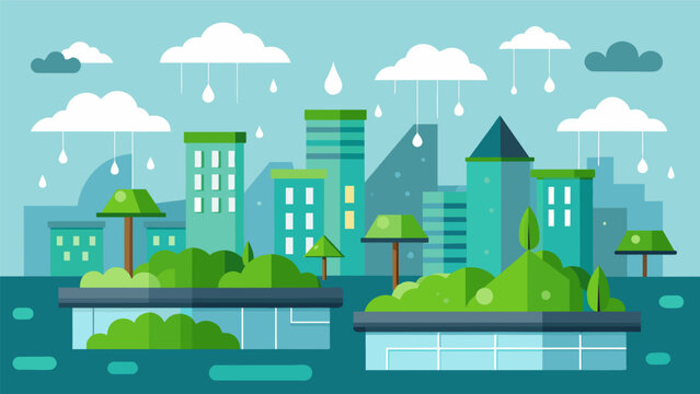 A busy cityscape with green roofs each one absorbing rainwater and reducing runoff improving the local water quality and mitigating the risk of