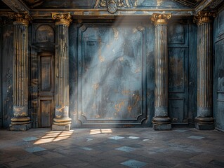 ornate ballroom with blue and gold columns
