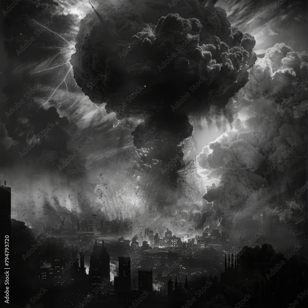 Wall mural A black and white photo of a city with a large explosion in the background