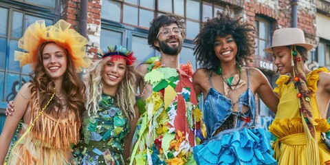 Naklejka premium Friends hosting a sustainable fashion show with clothing made from recycled materials.