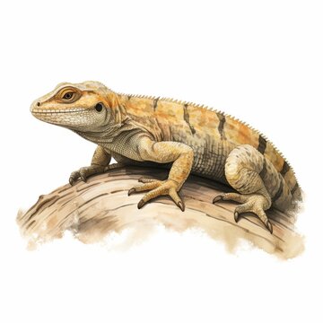 A watercolor painting of a lizard on a branch.