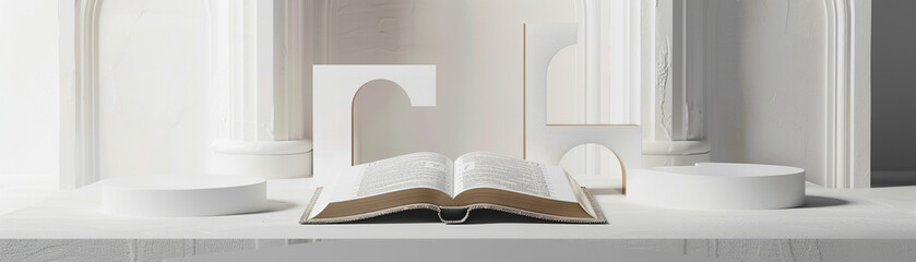 Old Holy Bible setup in a pristine white minimalist environment, a study in faith, super realistic - obrazy, fototapety, plakaty