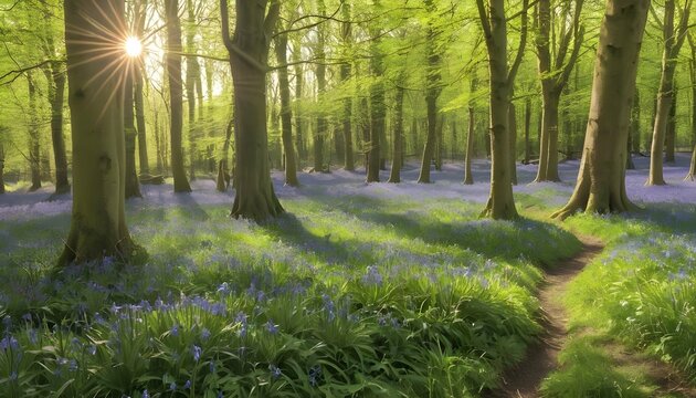 A sunlit glade with a carpet of bluebells upscaled 2