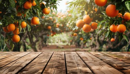 A wooden table with a view of an orange grove by AI generated image