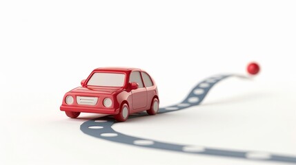 Toy Car Following a Dotted Line Path on White Background - GPS Navigation Concept, Travel Planning, Autonomous Vehicles, Strategic Movement