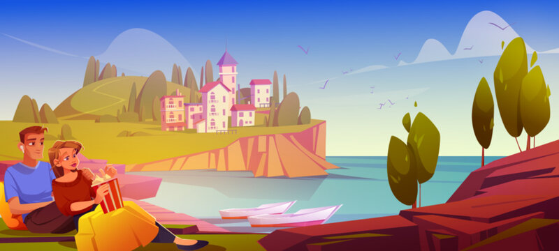 Couple love on nature vacation background. Village with building on cliff near sea coast scenery. Beautiful summer hill for romantic date. Simple calm amazing drawing scene design for italy holiday