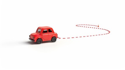 Toy Car Following a Dotted Line Path on White Background - GPS Navigation Concept, Travel Planning, Autonomous Vehicles, Strategic Movement
