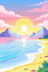 Fototapeta na wymiar Colorful Sunset by the Mountains and Beach Illustration