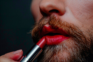 Bearded man applying lipstick on pride day. Generative AI