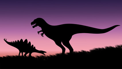 Stegosaurus vs tyrannosaurus rex, flat color illustration © OMIA