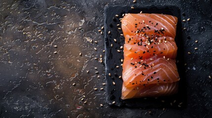 Spiced raw salmon on a dark surface seen from above
