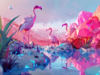 Deurstickers A surreal scene with low-polygon Several pink Doflamingos standing near the stream, evening atmosphere, Style Low Polygon © winnie