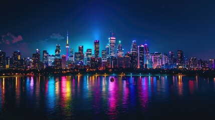 Fototapeta premium A city skyline illuminated in rainbow colors to support Pride Month. 