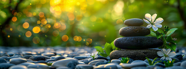 Zen Stones in Balance, Pebble Stack for Meditation and Harmony, Beach Background - obrazy, fototapety, plakaty