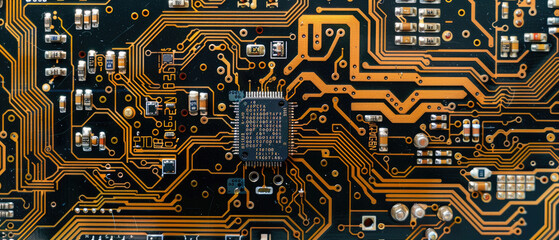 Electronic circuit microchip boards are printed in a flat brain-shaped PCB with a chip in the center of the technology board created with Generative AI Technology