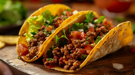 Savory beef tacos filled with minced meat, diced tomatoes, onions, and fresh cilantro on a wooden serving board.