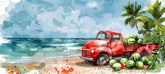Red truck with watermelons on the tropical beach background, summer holiday time