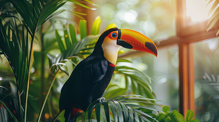 Fototapeta premium toucan in the living room with green house on the windows background
