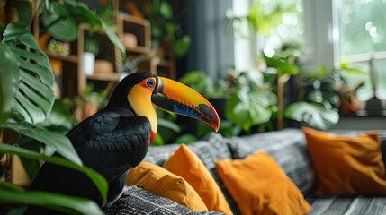 Naklejka premium toucan on the sofa in the living room with green house