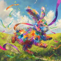 A colorful rabbit is running through a field of ribbons