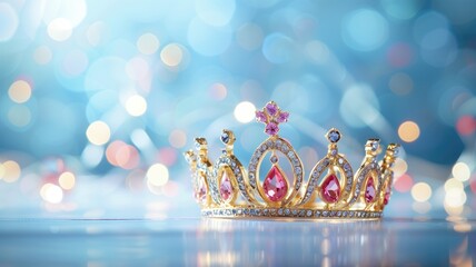 Golden crown adorned with pink gemstones on sparkling blue background