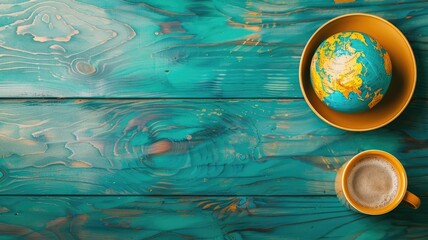 World globe beside coffee cup on blue wooden surface