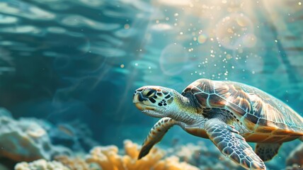Obraz premium Sea turtle swimming near coral reef underwater with sunlight filtering through water
