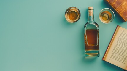 Bottle and glasses of whiskey with book on blue background