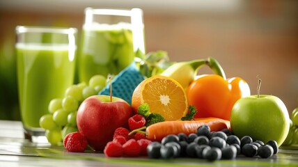 Assorted fresh fruits and vegetables with juice on wooden table