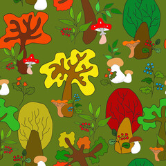 Colored children's seamless pattern with trees, mushrooms, flowers , nice cartoon background, autumn forest, holiday postcard, print for fabric, funny bright wallpaper