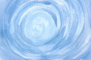 Watercolor textured blue abstract background of brush strokes in a circle, spiral, hand-drawn. A banner for design, decoration with a place for text. Watercolor spot, splash, whirlpool.