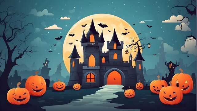 Have a happy Halloween. For a backdrop, poster, or flyer, use these vector graphics of a costume party, pumpkin, pattern, gloomy castle, and ghost.