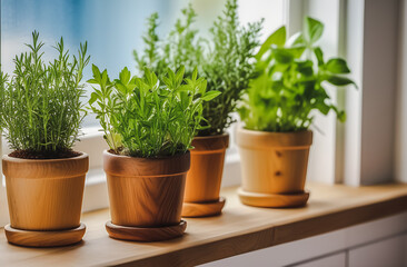 Fototapeta premium fragrant Provencal herbs in pots on the windowsill. creating comfort. the benefits of aromatherapy oils 