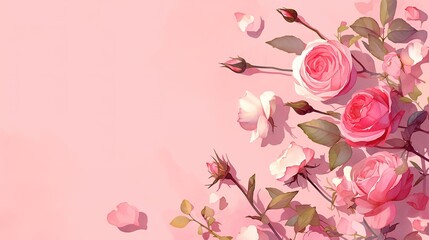 Roses and rose petals on a pink background  ,Generative ai, 