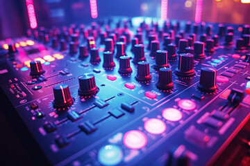 DJ console mixer in a night club in booth at dance event