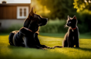 A black cat and a big black dog are lying next to each other in a clearing. animal friendship. taking care of pets