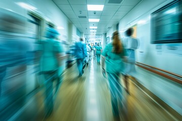 Busy hospital corridor with moving staff
